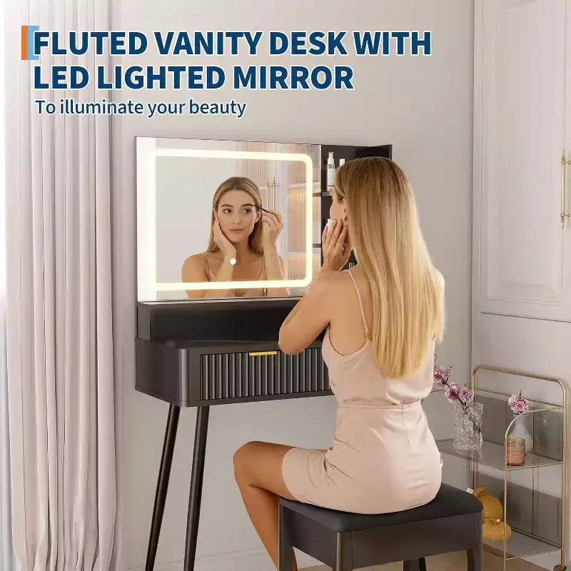 Coiffeuse LED 31,5" avec miroir et éclairage 3 couleurs - Table de maquillage avec prise de courant et 2 tiroirs pour chambre à coucher