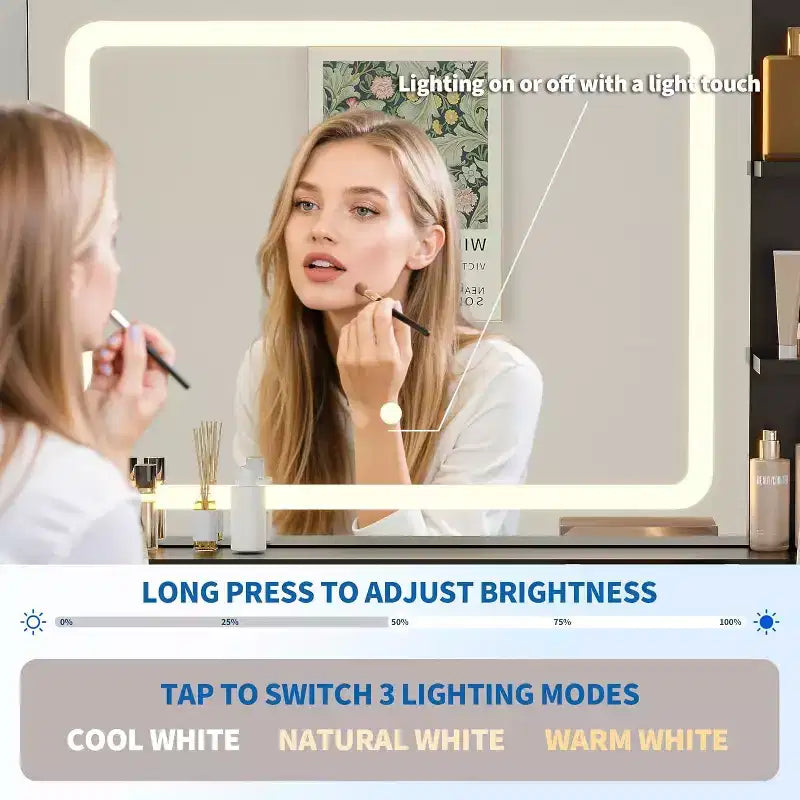 Coiffeuse LED 31,5" avec miroir et éclairage 3 couleurs - Table de maquillage avec prise de courant et 2 tiroirs pour chambre à coucher