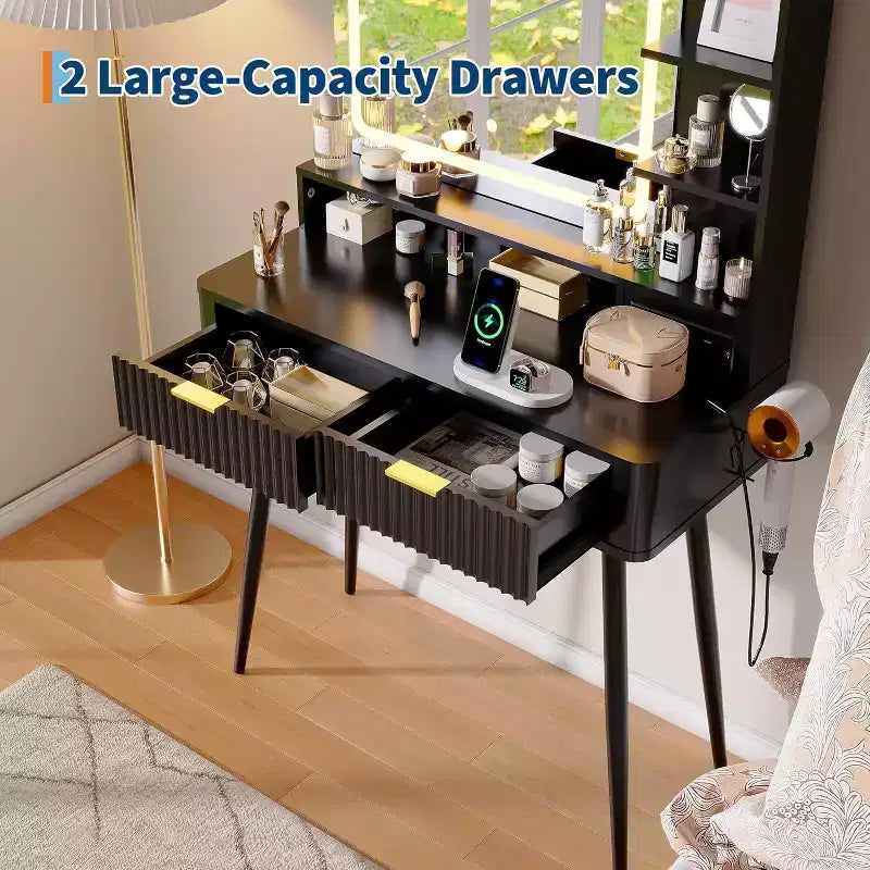 Coiffeuse LED 31,5" avec miroir et éclairage 3 couleurs - Table de maquillage avec prise de courant et 2 tiroirs pour chambre à coucher