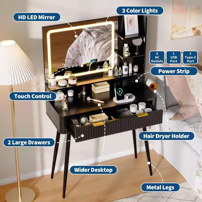 Coiffeuse LED 31,5" avec miroir et éclairage 3 couleurs - Table de maquillage avec prise de courant et 2 tiroirs pour chambre à coucher