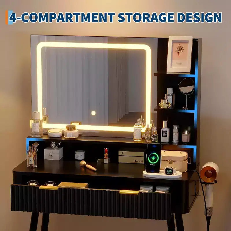 Coiffeuse LED 31,5" avec miroir et éclairage 3 couleurs - Table de maquillage avec prise de courant et 2 tiroirs pour chambre à coucher