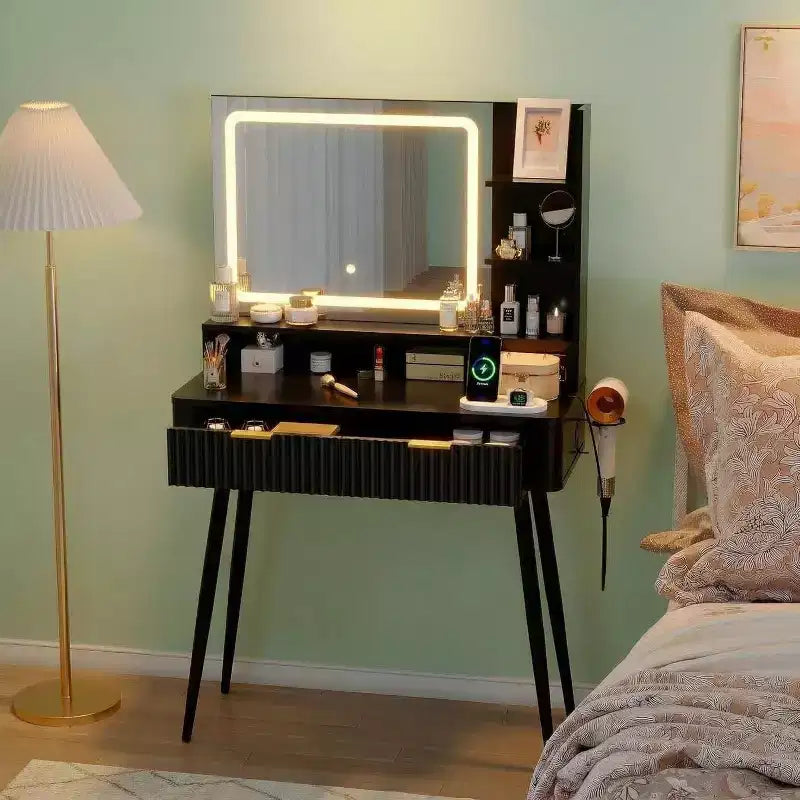 31.5 LED Vanity Desk with Mirror & 3-Color Lighting - Dressing Table with Power Outlet & 2 Drawers for Bedroom