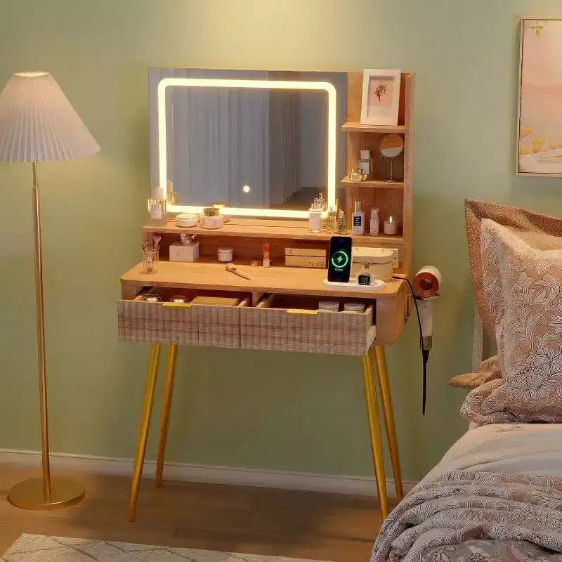 Coiffeuse LED 31,5" avec miroir et éclairage 3 couleurs - Table de maquillage avec prise de courant et 2 tiroirs pour chambre à coucher