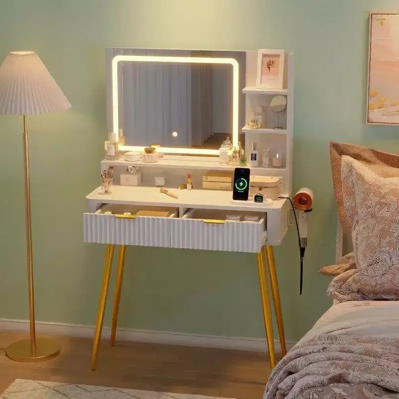 Coiffeuse LED 31,5" avec miroir et éclairage 3 couleurs - Table de maquillage avec prise de courant et 2 tiroirs pour chambre à coucher