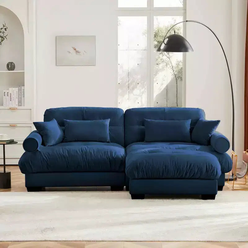MAYEERTY Modern Two Seater Sofa with Ottoman 2 Round Bolster Armrest Waist Pillows Thrown Pillows for Living Room Blue