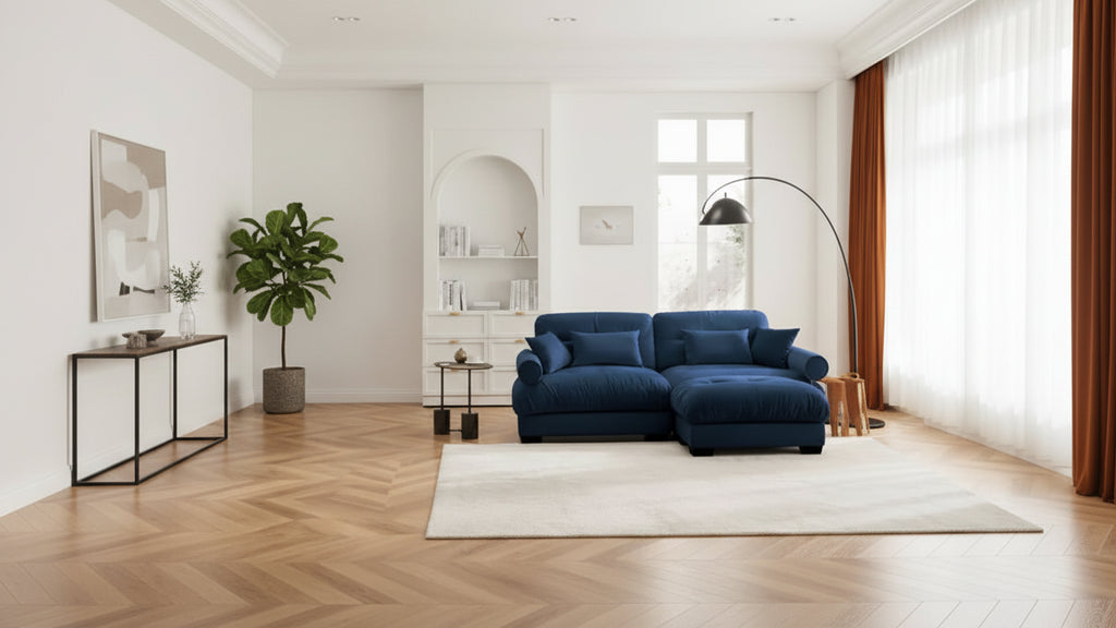 Canapé deux places moderne avec ottoman, 2 oreillers de soutien ronds et oreillers décoratifs pour le salon, bleu