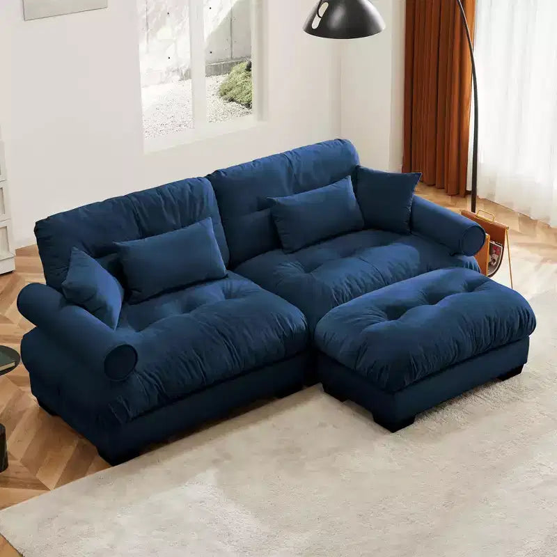 Canapé deux places moderne avec ottoman, 2 oreillers de soutien ronds et oreillers décoratifs pour le salon, bleu