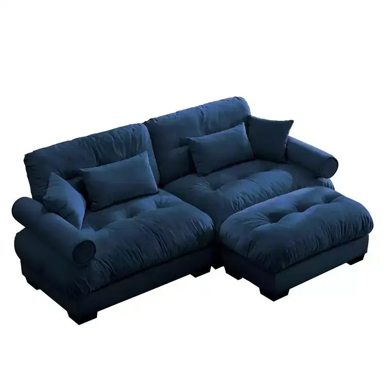 Canapé deux places moderne avec ottoman, 2 oreillers de soutien ronds et oreillers décoratifs pour le salon, bleu