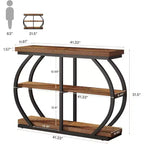 41.3 Table console industrielle à 3 niveaux avec cadre métallique arqué et étagères de rangement, marron mélangé, convient pour le salon et le couloir.