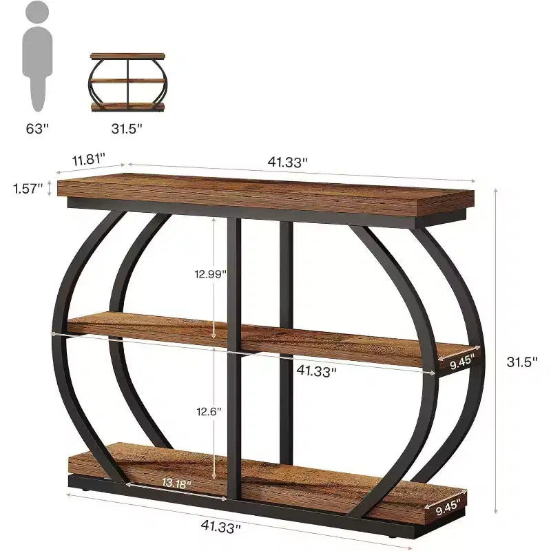 41.3 Table console industrielle à 3 niveaux avec cadre métallique arqué et étagères de rangement, marron mélangé, convient pour le salon et le couloir.