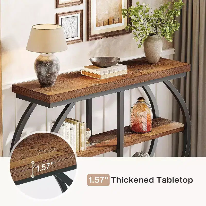 41.3 Table console industrielle à 3 niveaux avec cadre métallique arqué et étagères de rangement, marron mélangé, convient pour le salon et le couloir.