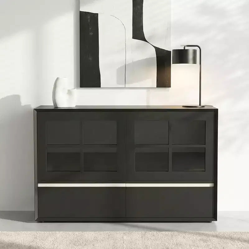 47.04 Buffet moderne avec portes en acrylique incassable – Meuble de rangement à 2 tiroirs avec étagères réglables – Noir mat