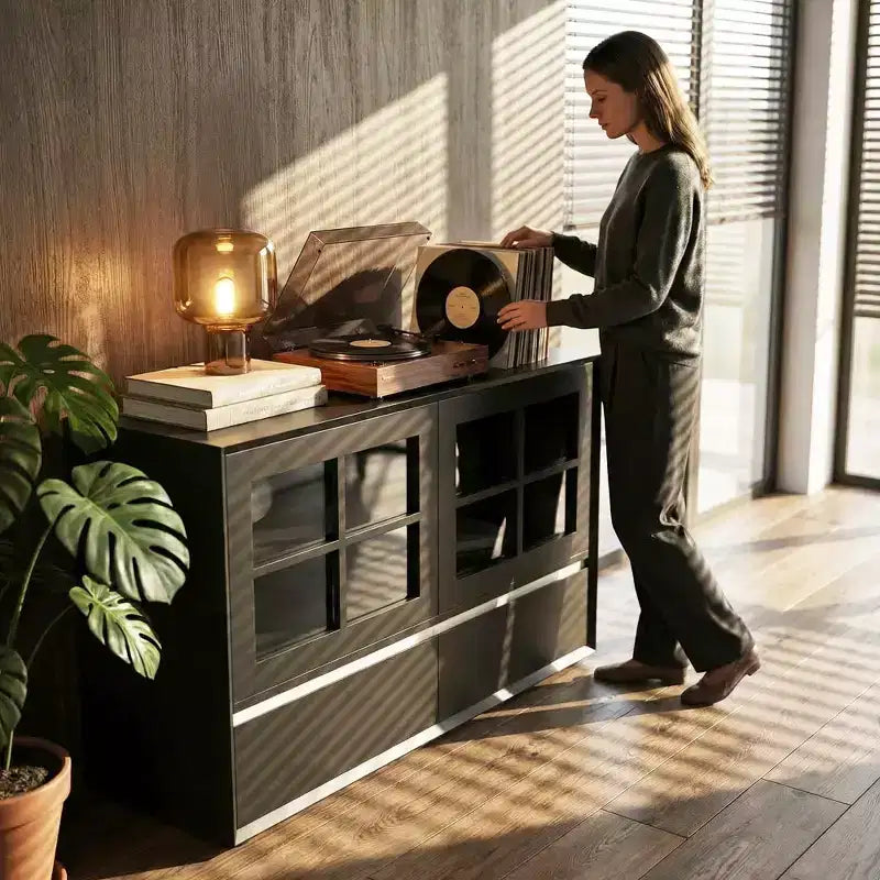 47.04 Buffet moderne avec portes en acrylique incassable – Meuble de rangement à 2 tiroirs avec étagères réglables – Noir mat