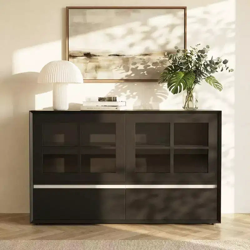 47.04 Buffet moderne avec portes en acrylique incassable – Meuble de rangement à 2 tiroirs avec étagères réglables – Noir mat