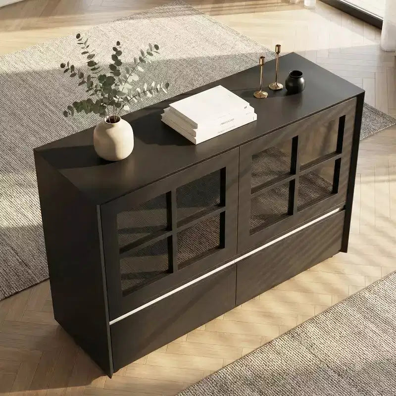 47.04 Buffet moderne avec portes en acrylique incassable – Meuble de rangement à 2 tiroirs avec étagères réglables – Noir mat