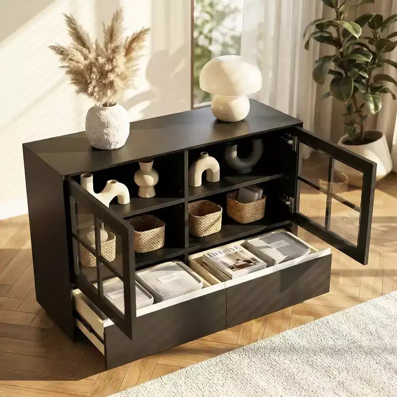 47.04 Buffet moderne avec portes en acrylique incassable – Meuble de rangement à 2 tiroirs avec étagères réglables – Noir mat