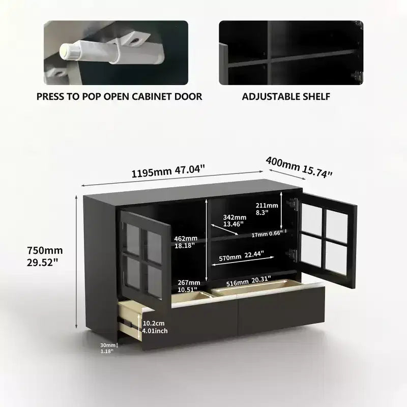 47.04 Buffet moderne avec portes en acrylique incassable – Meuble de rangement à 2 tiroirs avec étagères réglables – Noir mat