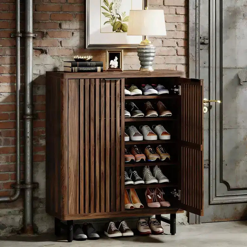 6-Tier Wooden Shoe Cabinet with Louvered Doors & Adjustable Shelves