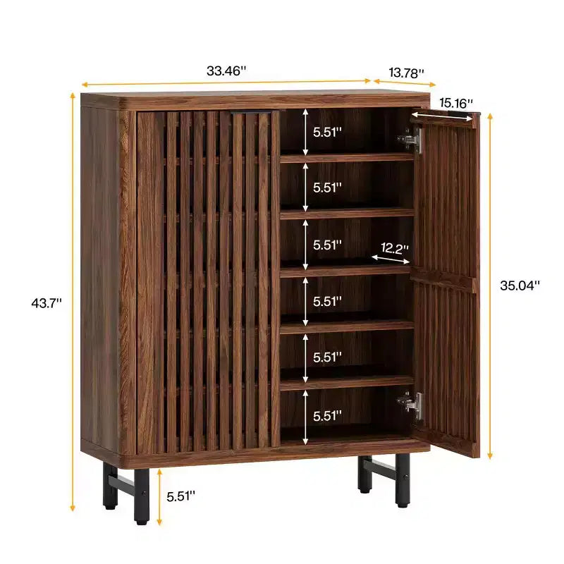 Meuble à chaussures 6 niveaux en bois avec portes persiennes et étagères réglables