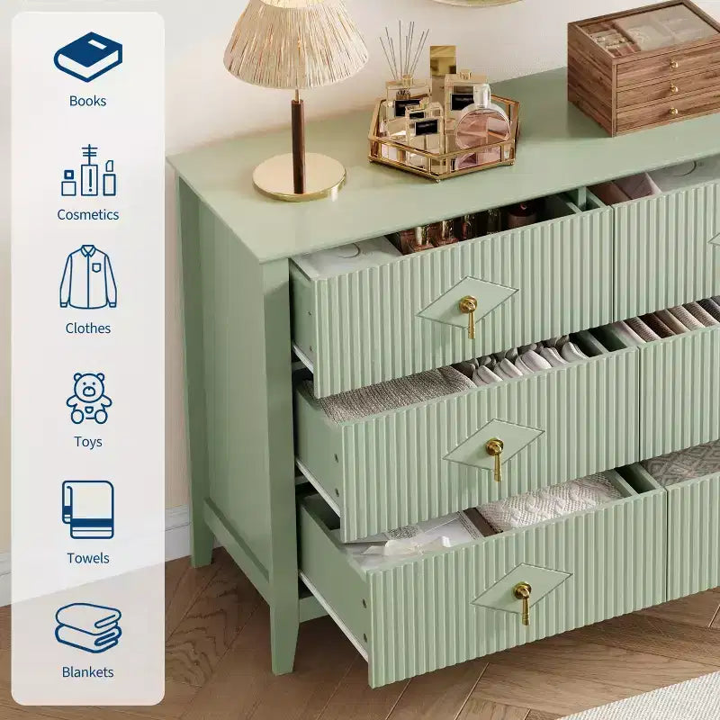 Commode à 6 tiroirs de 48 de large, commode moderne avec poignées métalliques pour chambre à coucher, verte