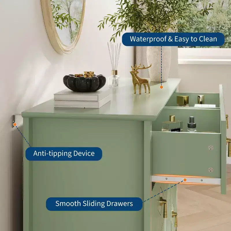 Commode à 6 tiroirs de 48 de large, commode moderne avec poignées métalliques pour chambre à coucher, verte
