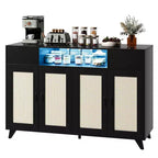 Rattan Cabinet Sideboard Buffet, with 2 Drawers, Power Outlet & LED Lights for Dining Room, Black