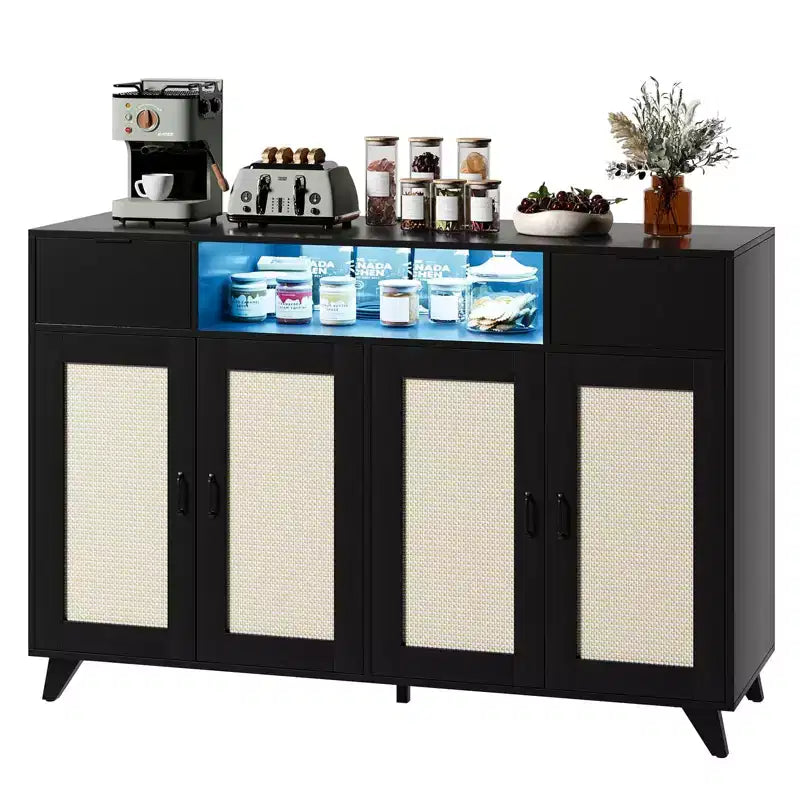 Rattan Cabinet Sideboard Buffet, with 2 Drawers, Power Outlet & LED Lights for Dining Room, Black