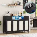 Buffet bas en rotin, avec 2 tiroirs, prise de courant et lumières LED pour salle à manger, noir