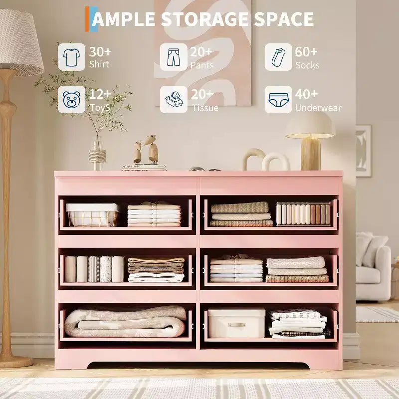 Commode à 6 tiroirs, style moderne et simple pour chambre à coucher, rose