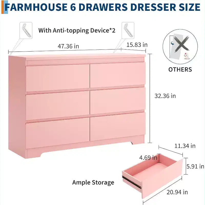 Commode à 6 tiroirs, style moderne et simple pour chambre à coucher, rose