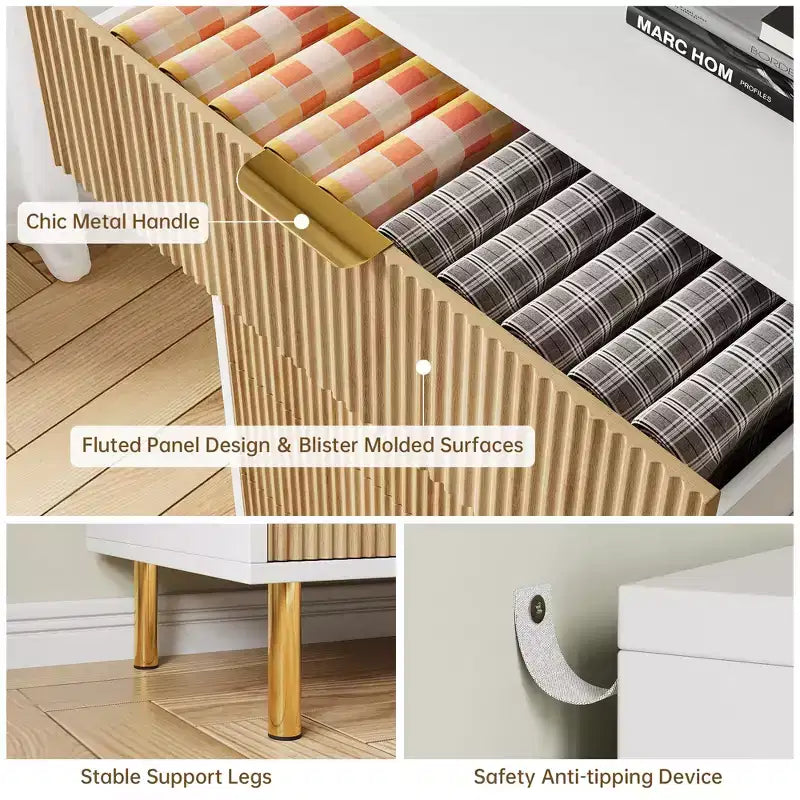 Commode à 5 tiroirs, organisateur de rangement moderne en bois de 122 cm de haut pour chambre à coucher, blanc