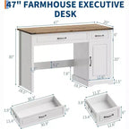 Bureau de direction rustique blanc de 47" avec tiroirs de rangement et étagère, idéal pour un bureau à domicile