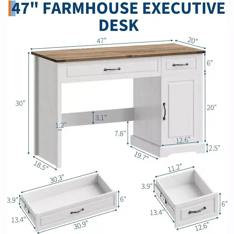 Bureau de direction rustique blanc de 47" avec tiroirs de rangement et étagère, idéal pour un bureau à domicile