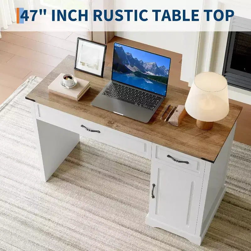 Bureau de direction rustique blanc de 47" avec tiroirs de rangement et étagère, idéal pour un bureau à domicile