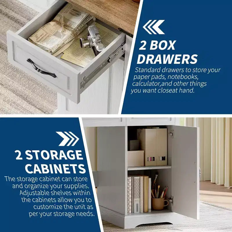 Bureau de direction rustique blanc de 47" avec tiroirs de rangement et étagère, idéal pour un bureau à domicile