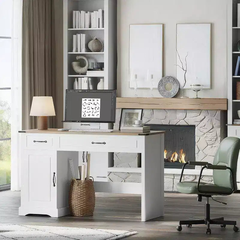 Bureau de direction rustique blanc de 47" avec tiroirs de rangement et étagère, idéal pour un bureau à domicile