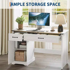 Bureau de direction rustique blanc de 47" avec tiroirs de rangement et étagère, idéal pour un bureau à domicile