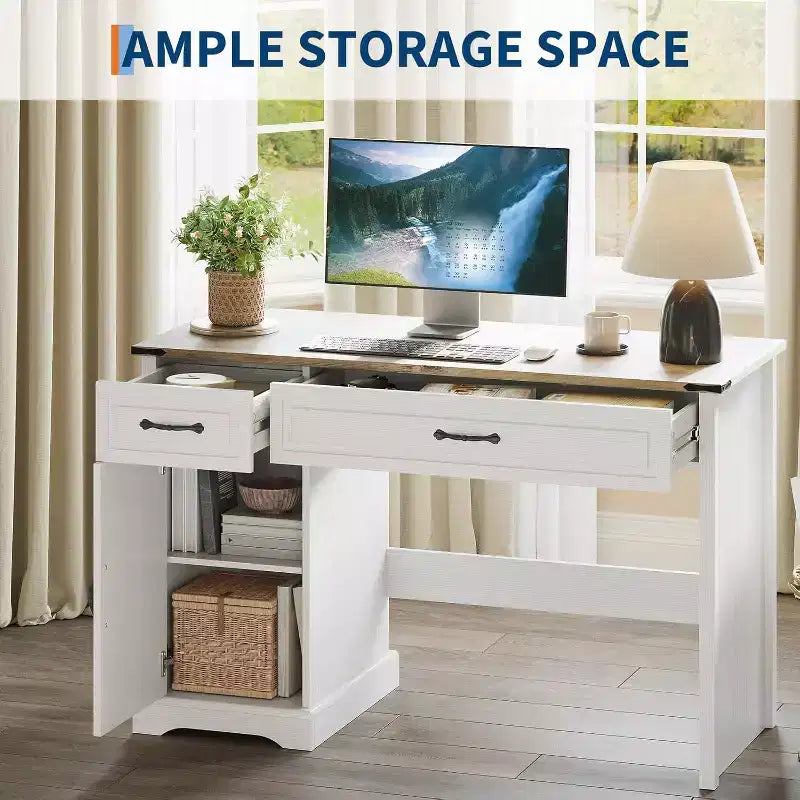 Bureau de direction rustique blanc de 47" avec tiroirs de rangement et étagère, idéal pour un bureau à domicile