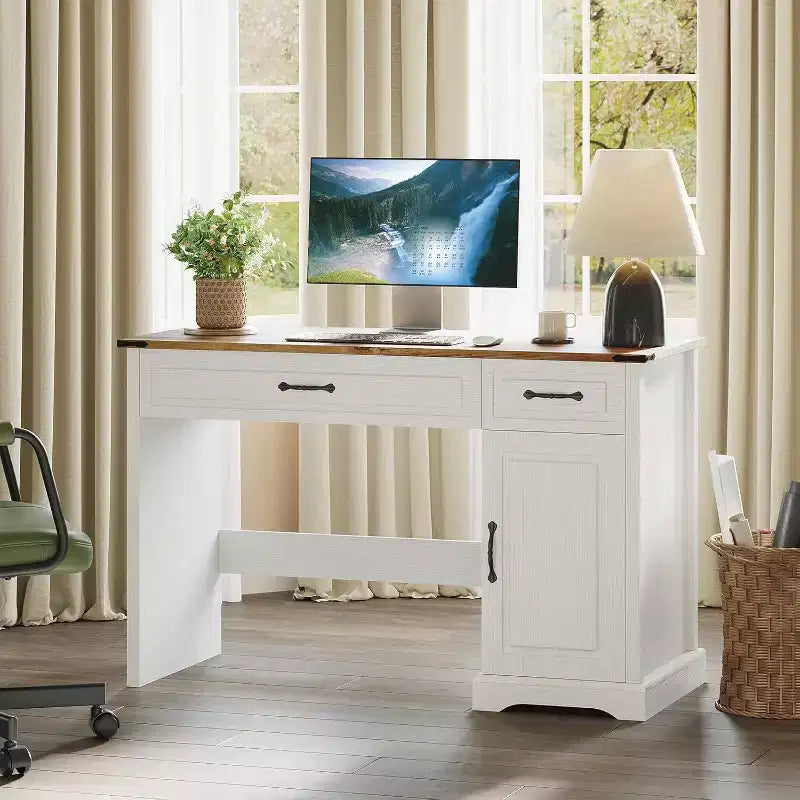 Bureau de direction rustique blanc de 47" avec tiroirs de rangement et étagère, idéal pour un bureau à domicile