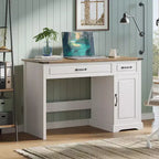 Bureau de direction rustique blanc de 47" avec tiroirs de rangement et étagère, idéal pour un bureau à domicile
