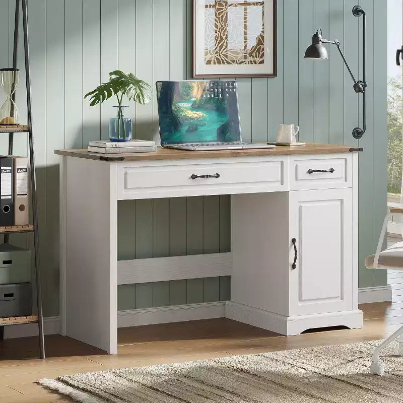 Bureau de direction rustique blanc de 47" avec tiroirs de rangement et étagère, idéal pour un bureau à domicile
