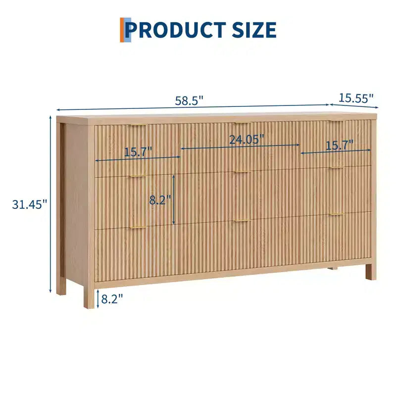 Commode à 9 tiroirs pour chambre à coucher, commode en bois de 58,5 po de large avec poignées dorées, organisateur de rangement de vêtements cannelé, meuble TV pour couloir, noyer