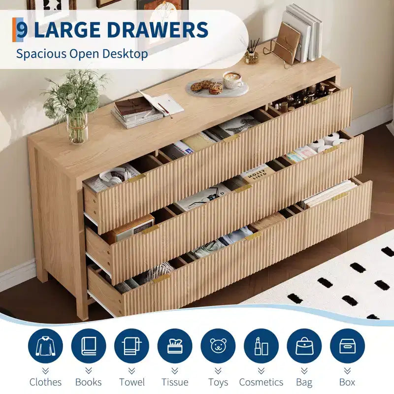 Commode à 9 tiroirs pour chambre à coucher, commode en bois de 58,5 po de large avec poignées dorées, organisateur de rangement de vêtements cannelé, meuble TV pour couloir, noyer