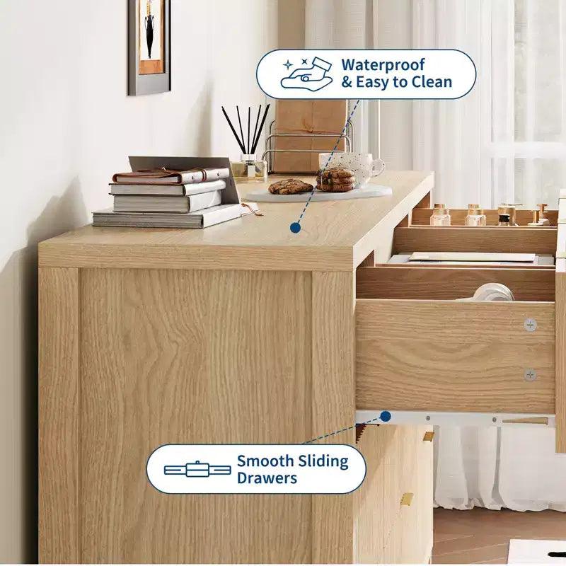 Commode à 9 tiroirs pour chambre à coucher, commode en bois de 58,5 po de large avec poignées dorées, organisateur de rangement de vêtements cannelé, meuble TV pour couloir, noyer