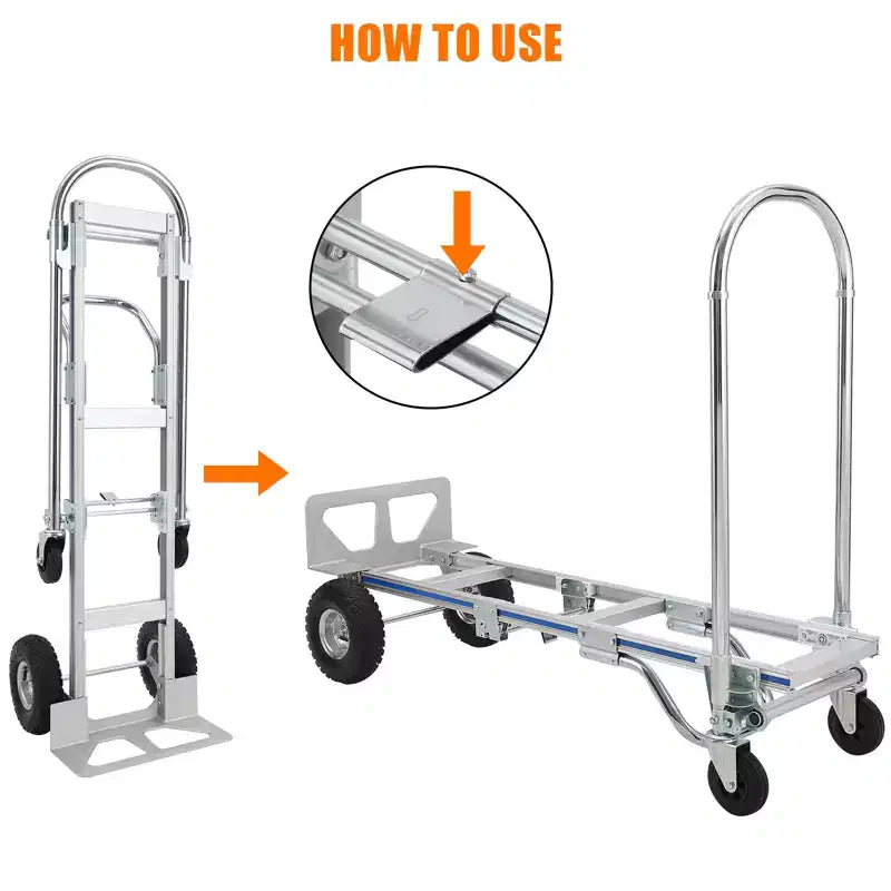 Diable pliable 2 en 1 avec grandes roues - Chariot diable convertible en aluminium de 350 kg, Chariots à main robustes pour le transport et le déménagement