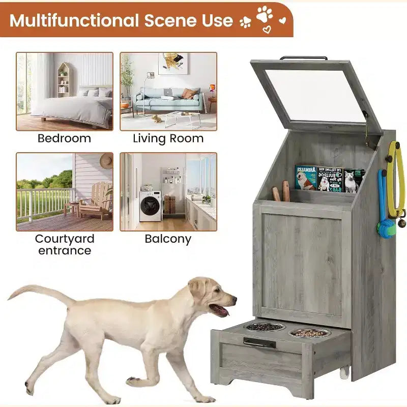 Station d'alimentation pour chien avec gamelles surélevées, meuble de rangement et crochets pour accessoires, marron