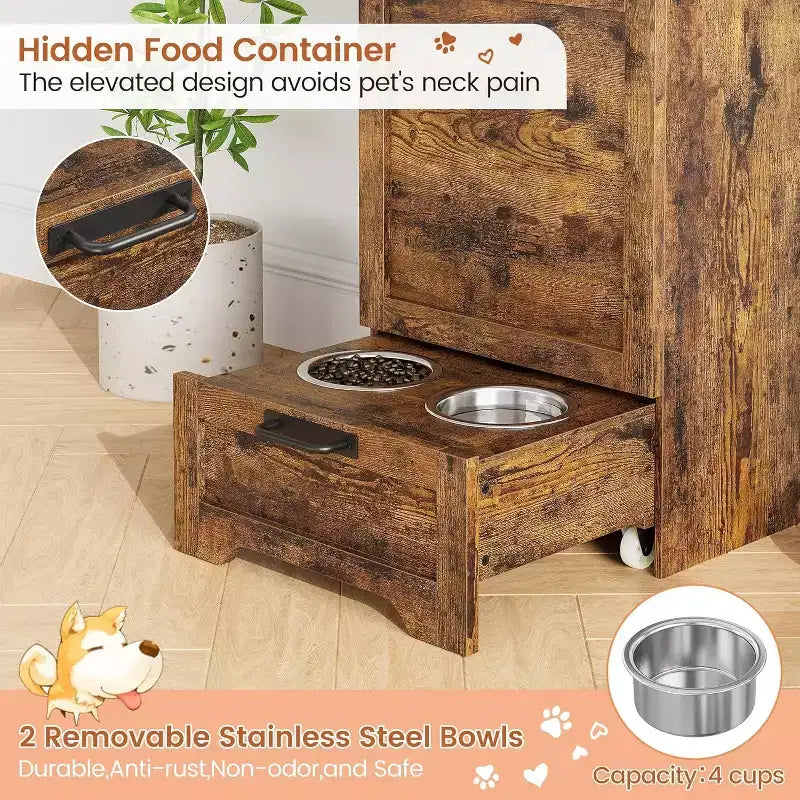 Station d'alimentation pour chien avec gamelles surélevées, meuble de rangement et crochets pour accessoires, marron