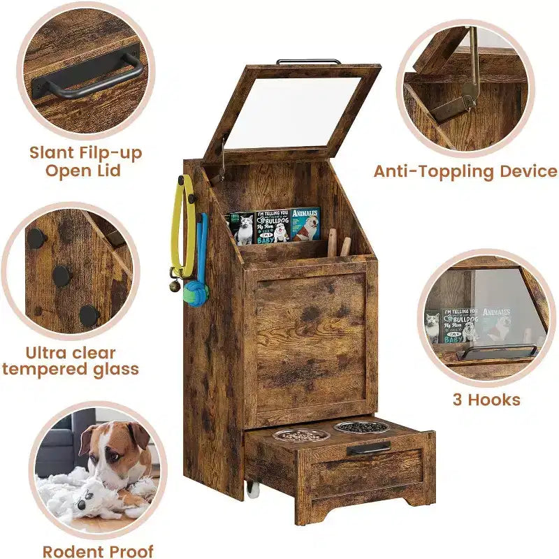 Station d'alimentation pour chien avec gamelles surélevées, meuble de rangement et crochets pour accessoires, marron