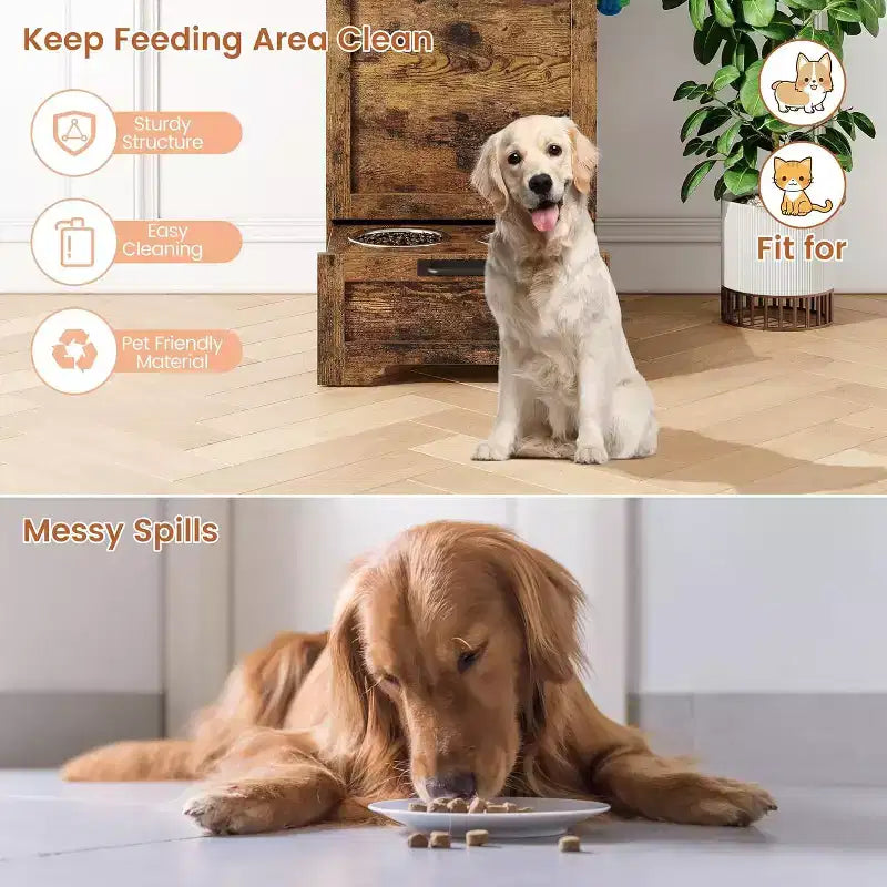 Station d'alimentation pour chien avec gamelles surélevées, meuble de rangement et crochets pour accessoires, marron