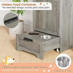 Station d'alimentation pour chien avec gamelles surélevées, meuble de rangement et crochets pour accessoires, marron